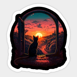 Black Cat Looking Into The Sunset Sticker